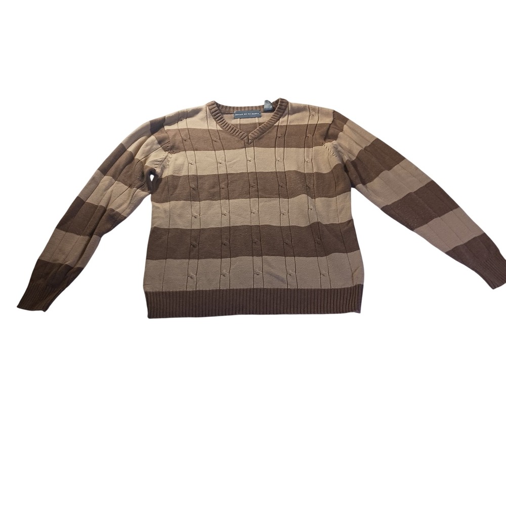 Oscar de la Renta Striped V-Neck Cable Knit Mens Large Brown Tan Sweater READ
